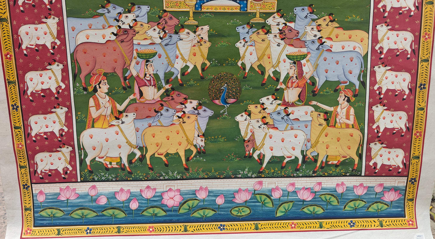 Gopashtami Pichwai Painting | Shrinathji with Sacred Herd & Red Cow Border | 36x48 inch