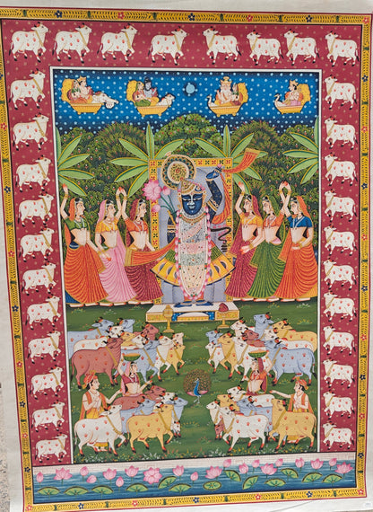 Gopashtami Pichwai Painting | Shrinathji with Sacred Herd & Red Cow Border | 36x48 inch