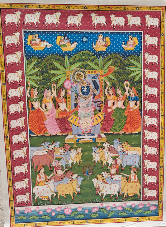 Gopashtami Pichwai Painting | Shrinathji with Sacred Herd & Red Cow Border | 36x48 inch