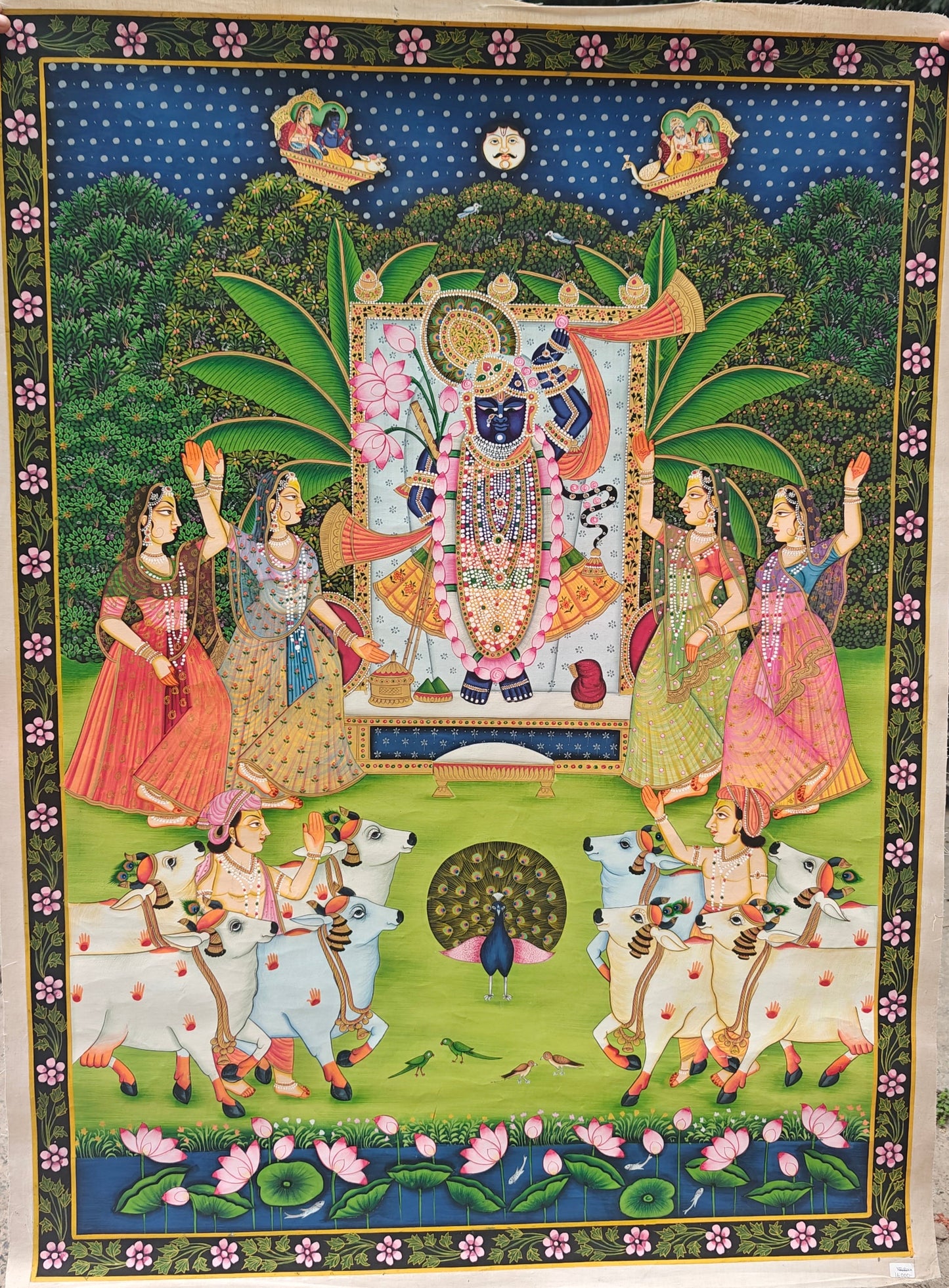 Kamal Talai Pichwai Painting | Shrinathji with Lotus Pond & Sacred Cows | Night Scene | 36x48 inch