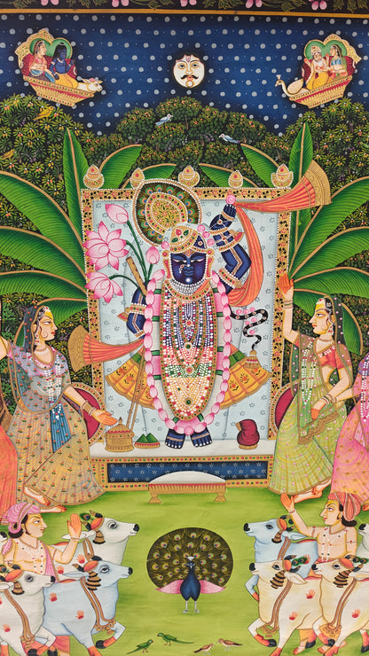 Kamal Talai Pichwai Painting | Shrinathji with Lotus Pond & Sacred Cows | Night Scene | 36x48 inch