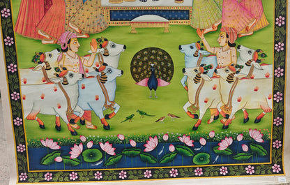 Kamal Talai Pichwai Painting | Shrinathji with Lotus Pond & Sacred Cows | Night Scene | 36x48 inch