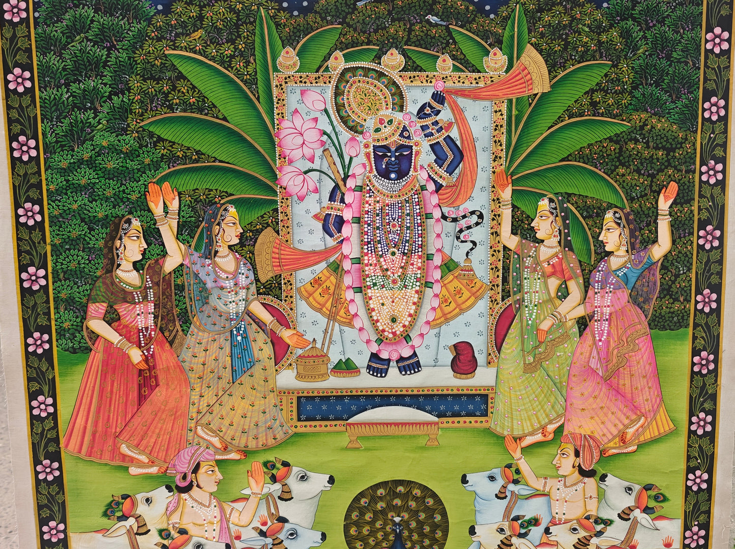 Kamal Talai Pichwai Painting | Shrinathji with Lotus Pond & Sacred Cows | Night Scene | 36x48 inch