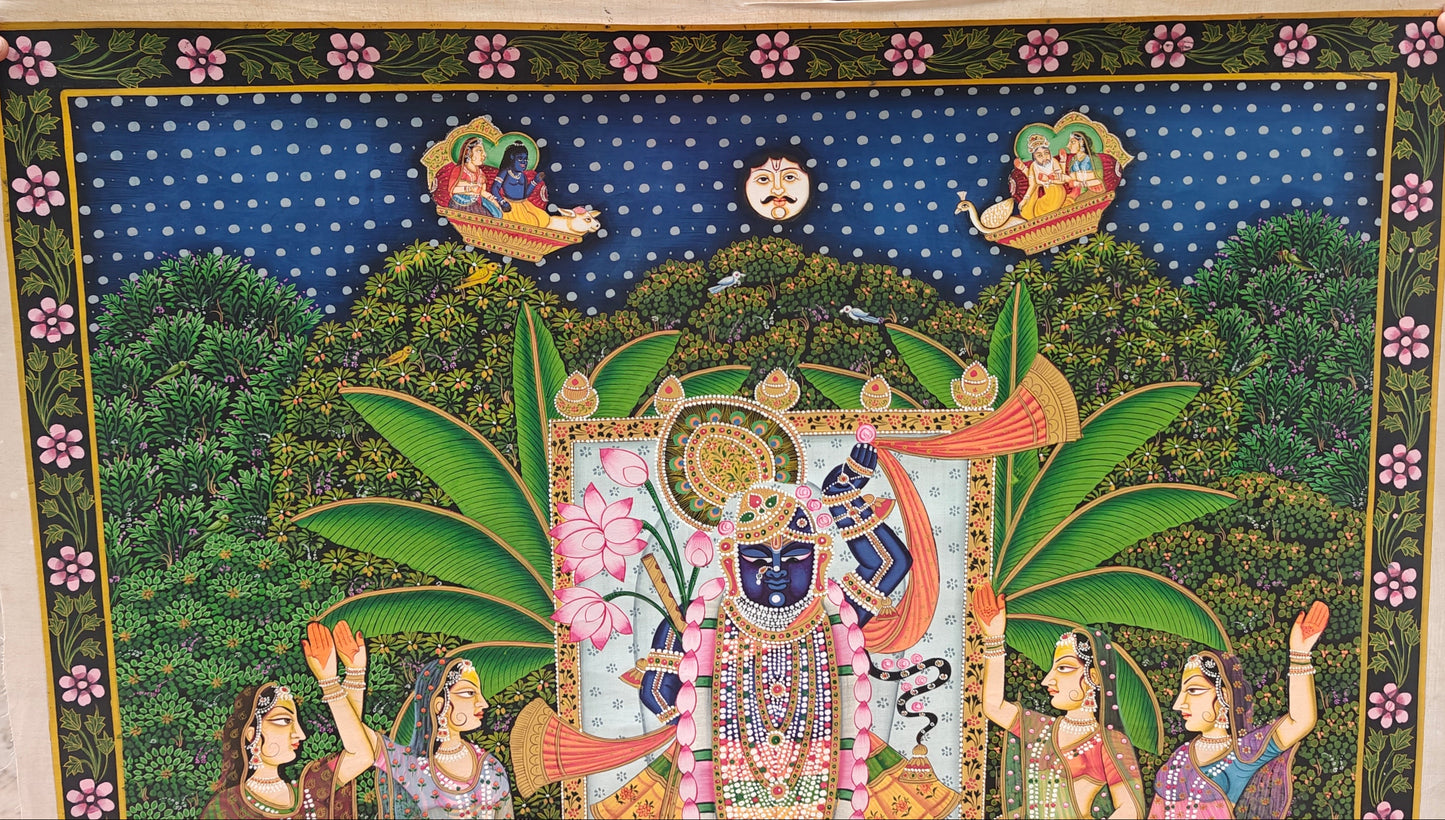 Kamal Talai Pichwai Painting | Shrinathji with Lotus Pond & Sacred Cows | Night Scene | 36x48 inch