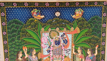 Kamal Talai Pichwai Painting | Shrinathji with Lotus Pond & Sacred Cows | Night Scene | 36x48 inch