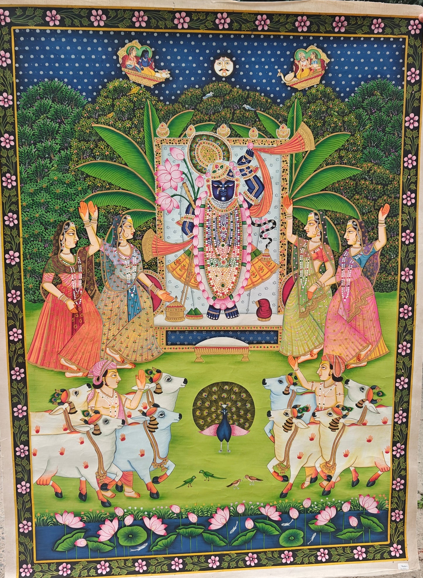 Kamal Talai Pichwai Painting | Shrinathji with Lotus Pond & Sacred Cows | Night Scene | 36x48 inch