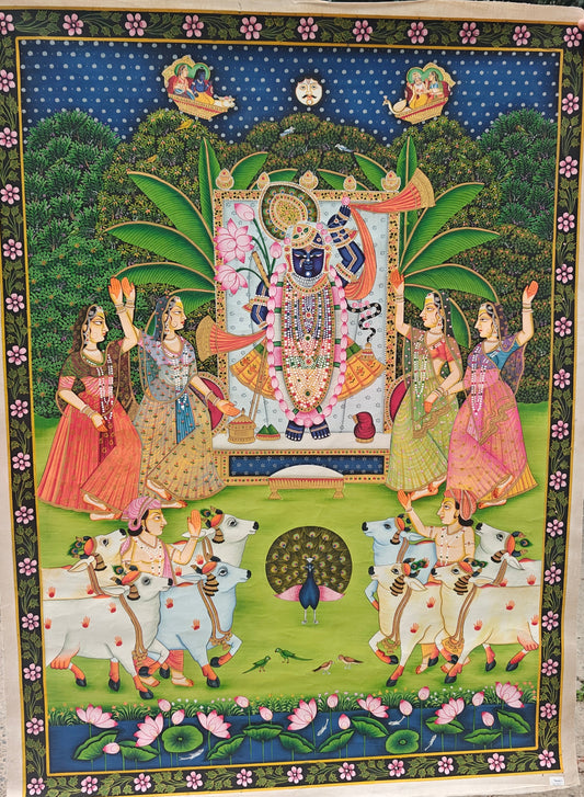 Kamal Talai Pichwai Painting | Shrinathji with Lotus Pond & Sacred Cows | Night Scene | 36x48 inch