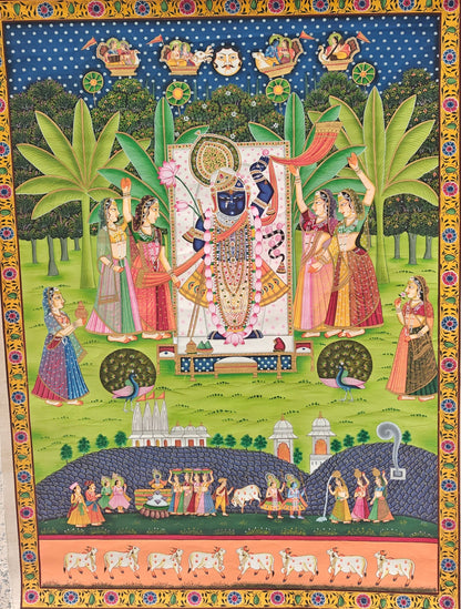 Shrinathji Pichwai | Divine Gopis & Celestial Sky | Nathdwara Handpainted | 36x48 inch