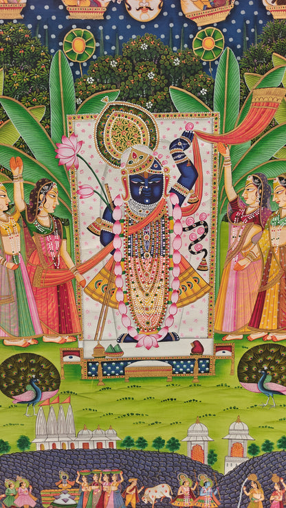 Shrinathji Pichwai | Divine Gopis & Celestial Sky | Nathdwara Handpainted | 36x48 inch