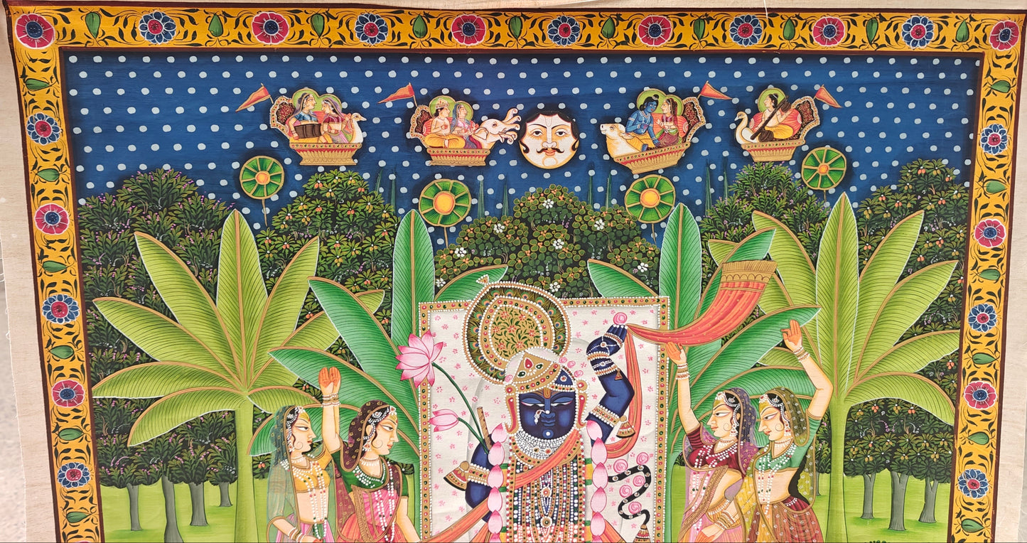Shrinathji Pichwai | Divine Gopis & Celestial Sky | Nathdwara Handpainted | 36x48 inch