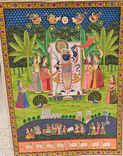Shrinathji Pichwai | Divine Gopis & Celestial Sky | Nathdwara Handpainted | 36x48 inch