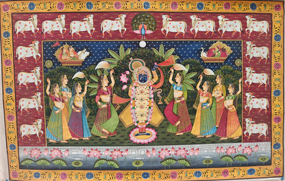 Raas Leela Pichwai Painting | Srinathji with Gopis & Lotus Pond | Nathdwara | 21x33 inch
