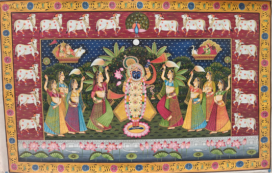 Raas Leela Pichwai Painting | Srinathji with Gopis & Lotus Pond | Nathdwara | 21x33 inch