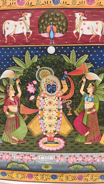 Raas Leela Pichwai Painting | Srinathji with Gopis & Lotus Pond | Nathdwara | 21x33 inch