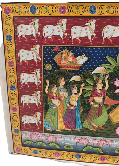 Raas Leela Pichwai Painting | Srinathji with Gopis & Lotus Pond | Nathdwara | 21x33 inch