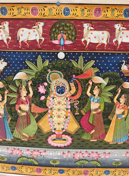 Raas Leela Pichwai Painting | Srinathji with Gopis & Lotus Pond | Nathdwara | 21x33 inch