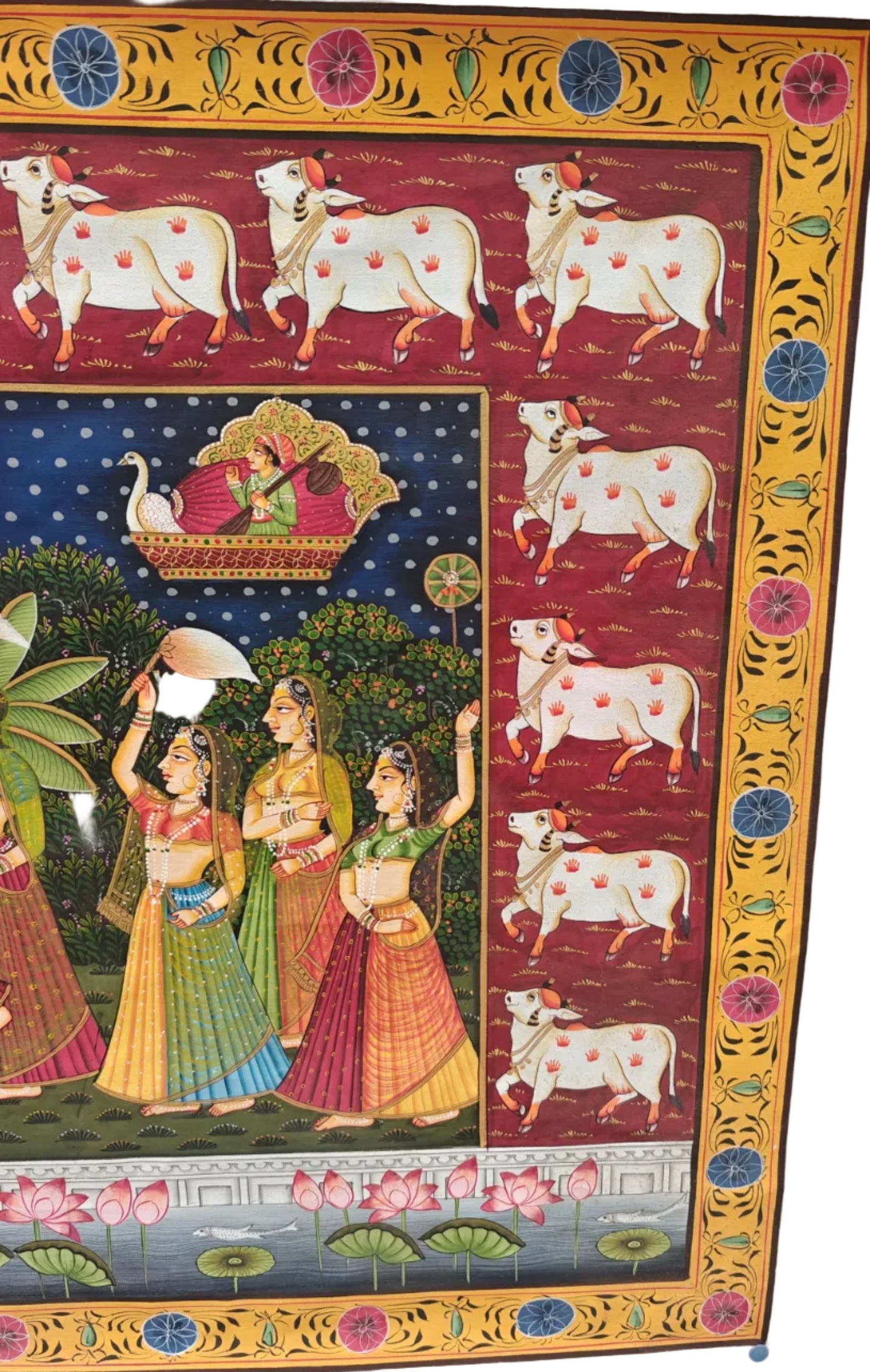 Raas Leela Pichwai Painting | Srinathji with Gopis & Lotus Pond | Nathdwara | 21x33 inch