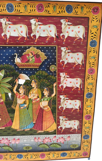 Raas Leela Pichwai Painting | Srinathji with Gopis & Lotus Pond | Nathdwara | 21x33 inch