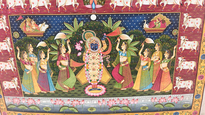 Raas Leela Pichwai Painting | Srinathji with Gopis & Lotus Pond | Nathdwara | 21x33 inch