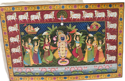 Raas Leela Pichwai Painting | Srinathji with Gopis & Lotus Pond | Nathdwara | 21x33 inch