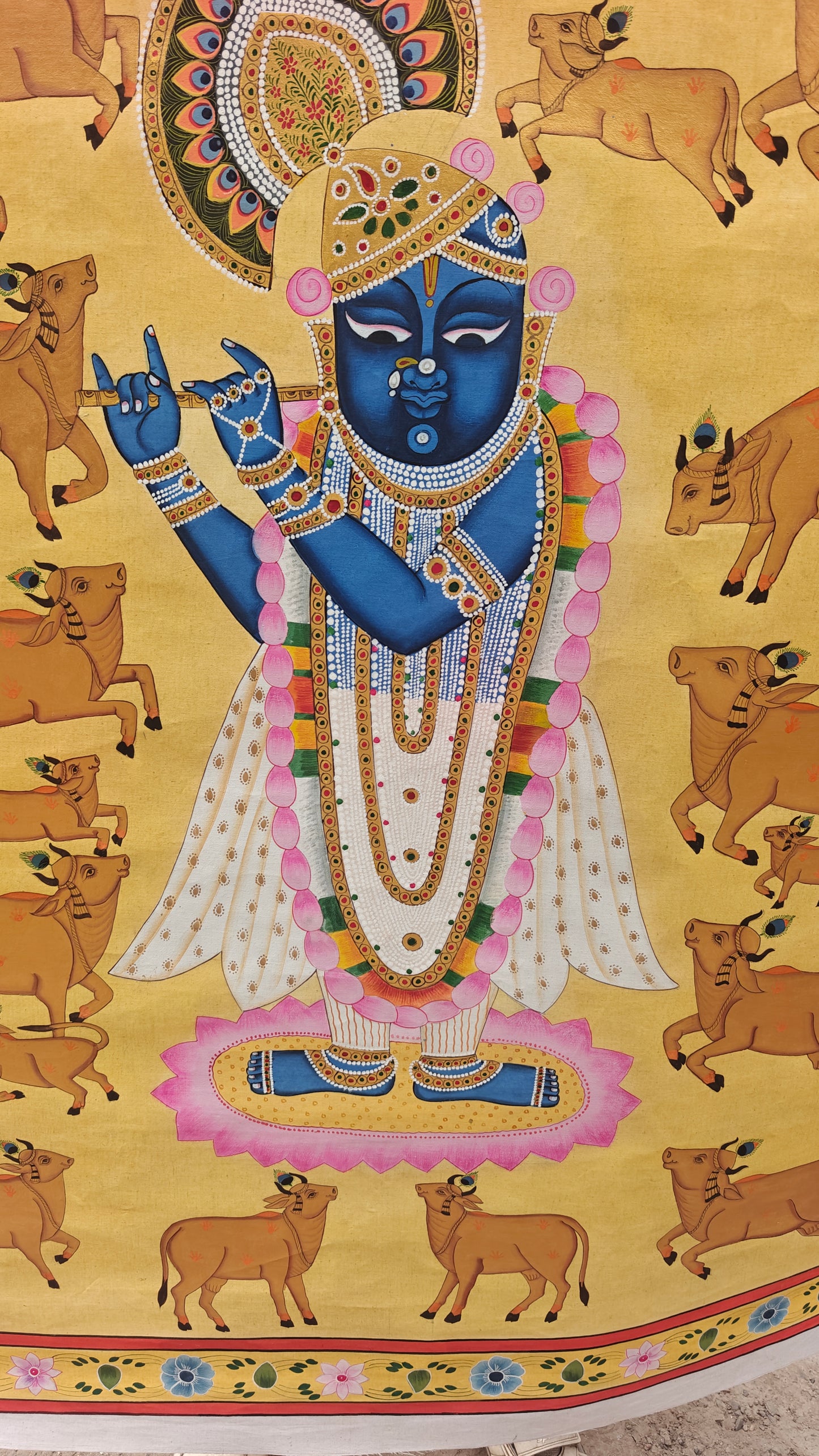 Golden Gopala Pichwai Painting | Shrinathji with Flute & Sacred Cows | Mustard Yellow | 36x48 inch