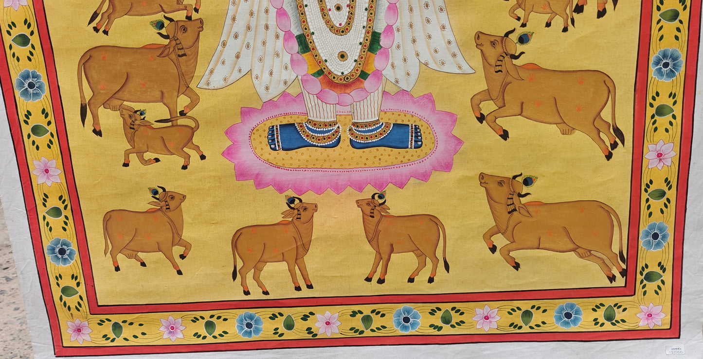 Golden Gopala Pichwai Painting | Shrinathji with Flute & Sacred Cows | Mustard Yellow | 36x48 inch