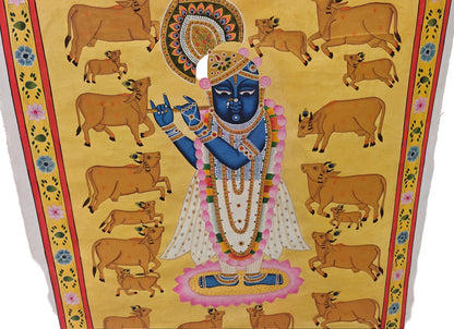 Golden Gopala Pichwai Painting | Shrinathji with Flute & Sacred Cows | Mustard Yellow | 36x48 inch