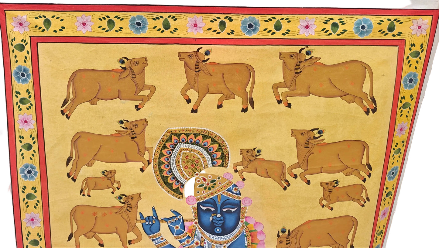 Golden Gopala Pichwai Painting | Shrinathji with Flute & Sacred Cows | Mustard Yellow | 36x48 inch
