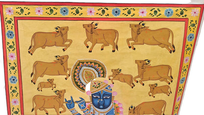 Golden Gopala Pichwai Painting | Shrinathji with Flute & Sacred Cows | Mustard Yellow | 36x48 inch
