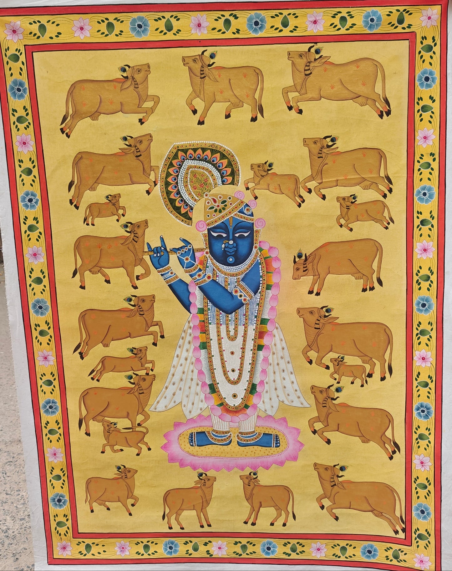 Golden Gopala Pichwai Painting | Shrinathji with Flute & Sacred Cows | Mustard Yellow | 36x48 inch