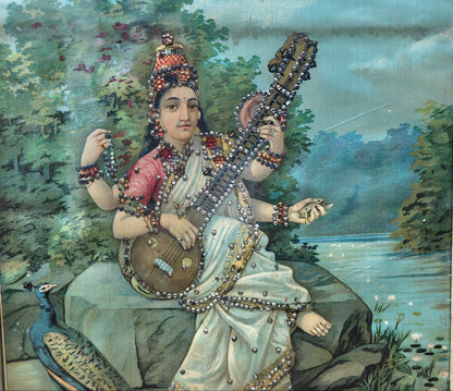 Vintage Ravi Varma Press Oleograph | Goddess Saraswati | Veena & Peacock | 10x14 inch