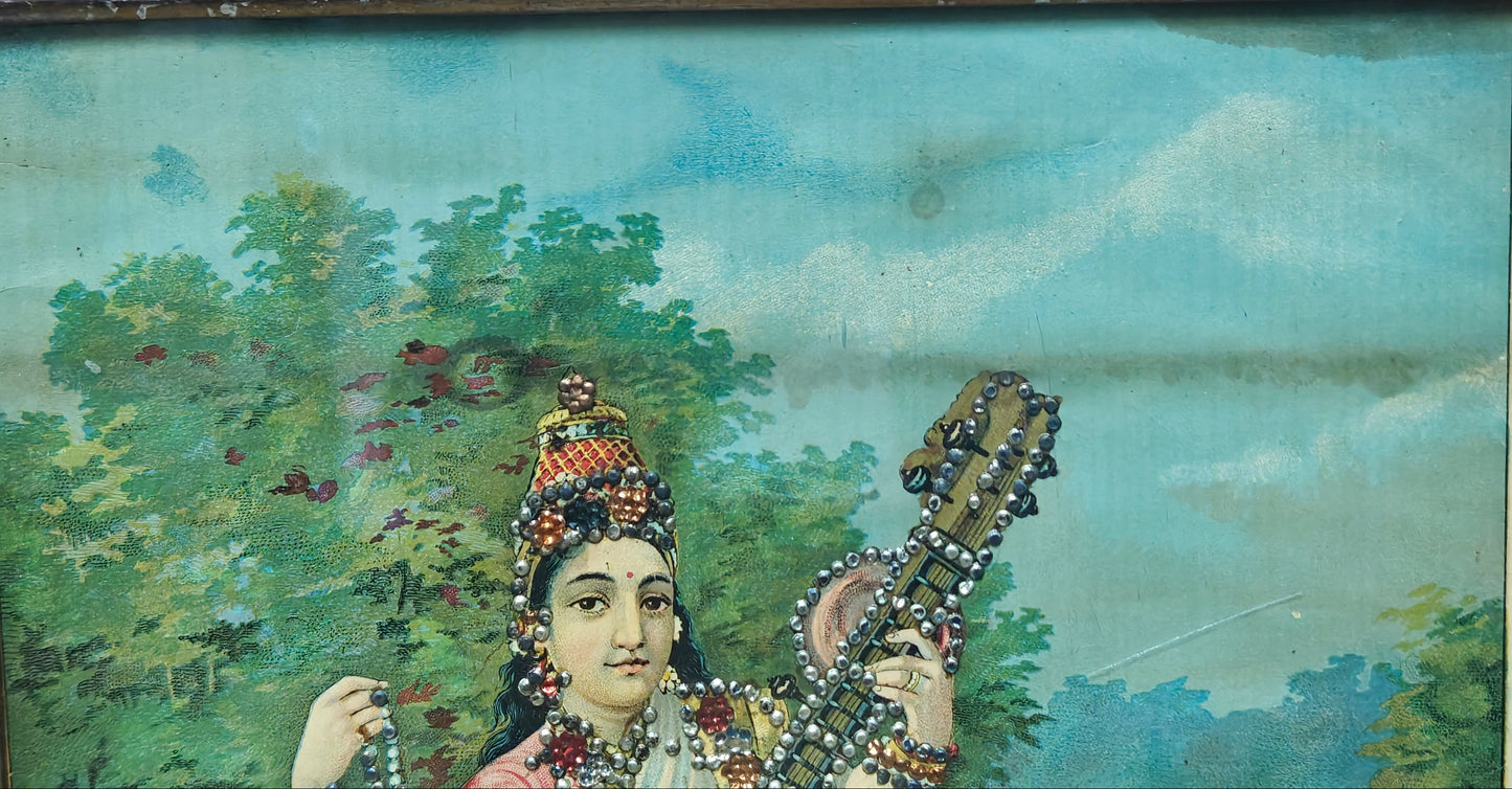 Vintage Ravi Varma Press Oleograph | Goddess Saraswati | Veena & Peacock | 10x14 inch