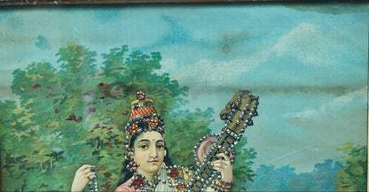 Vintage Ravi Varma Press Oleograph | Goddess Saraswati | Veena & Peacock | 10x14 inch