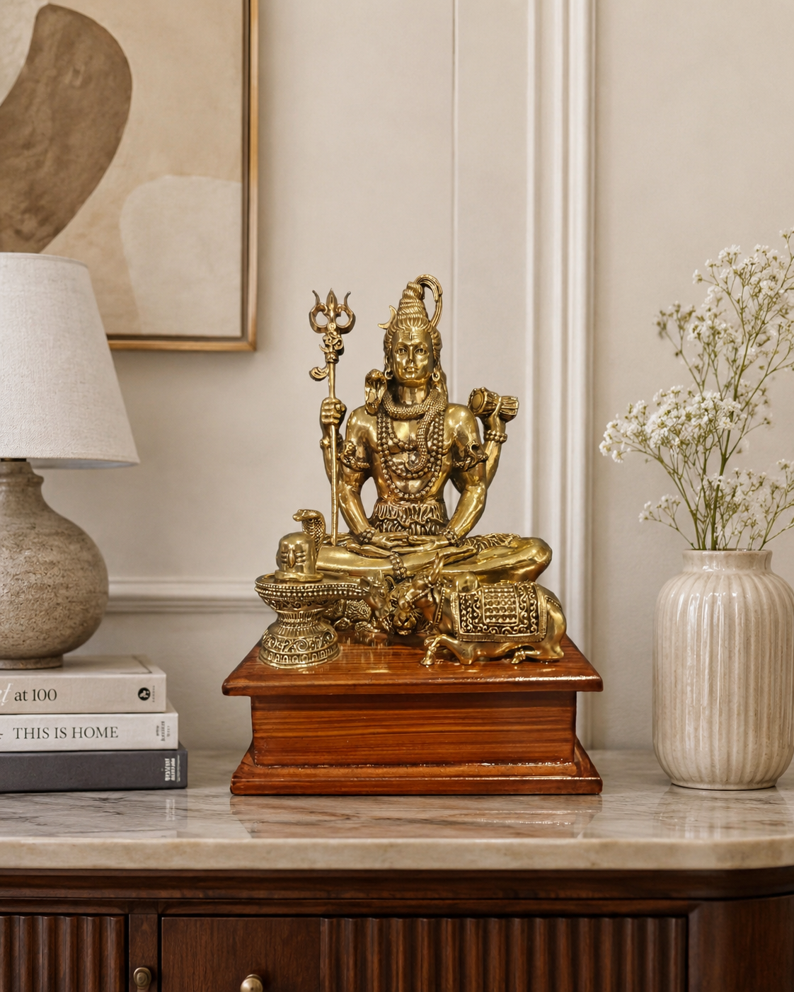 Brass Shiva with Nandi on Wooden Stand – 17 cm