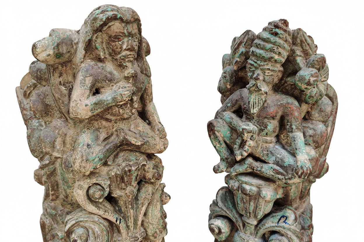 Antique Hand-Carved Wood Brackets with Sufi Saints & Floral Motifs | Architectural Corbels | Pair