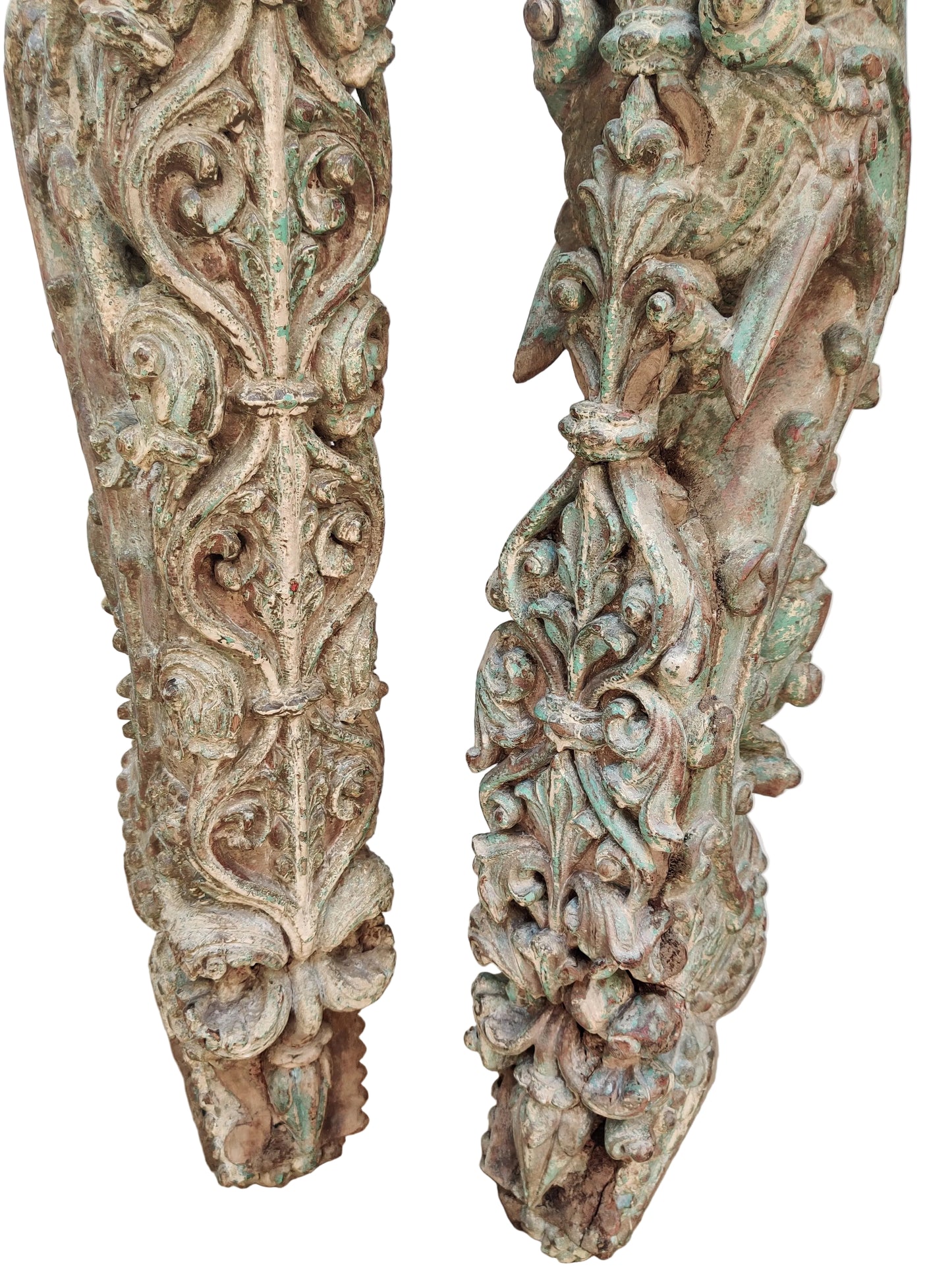 Antique Hand-Carved Wood Brackets with Sufi Saints & Floral Motifs | Architectural Corbels | Pair