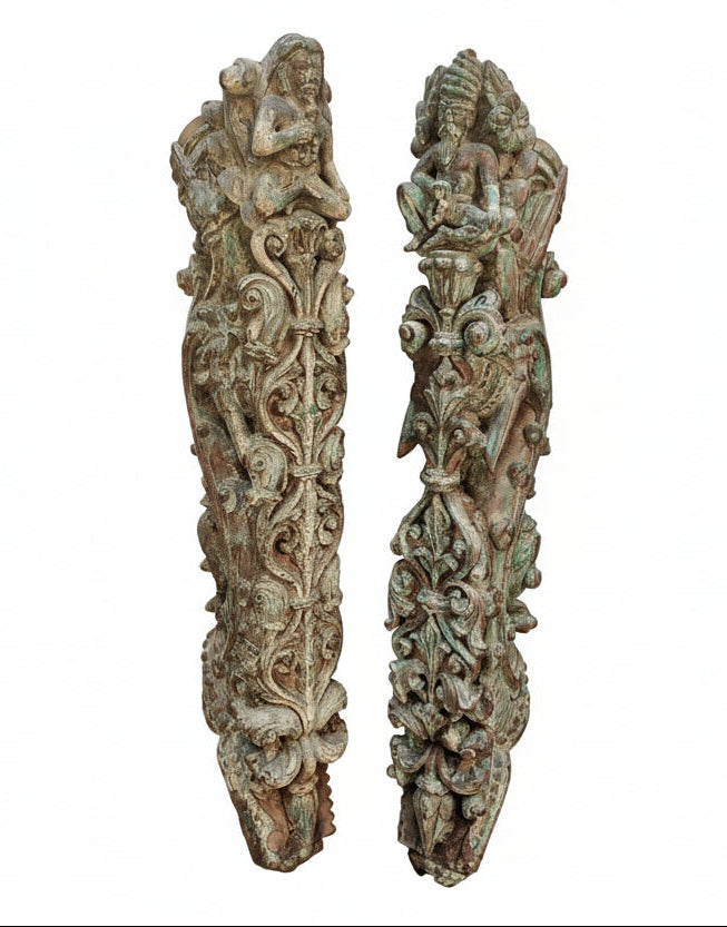 Antique Hand-Carved Wood Brackets with Sufi Saints & Floral Motifs | Architectural Corbels | Pair