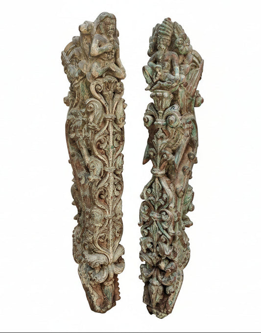 Antique Hand-Carved Wood Brackets with Sufi Saints & Floral Motifs | Architectural Corbels | Pair