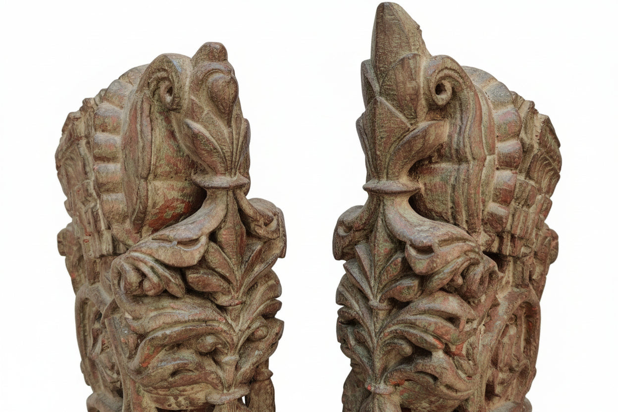 Antique Hand-Carved Wood Brackets with Floral Motifs | Architectural Corbels | Pair