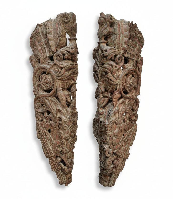 Antique Hand-Carved Wood Brackets with Floral Motifs | Architectural Corbels | Pair