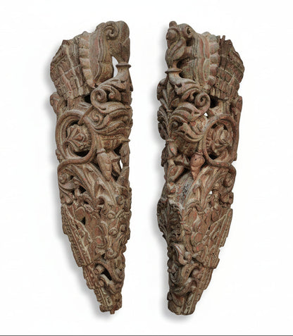 Antique Hand-Carved Wood Brackets with Floral Motifs | Architectural Corbels | Pair