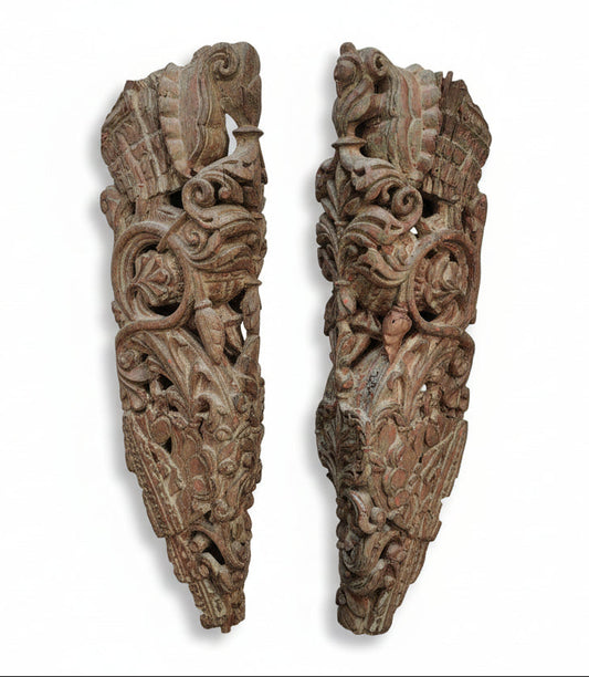 Antique Hand-Carved Wood Brackets with Floral Motifs | Architectural Corbels | Pair