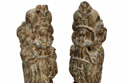 Antique Hand-Carved Wood Brackets with Floral Motifs | Green Patina Finish | Pair