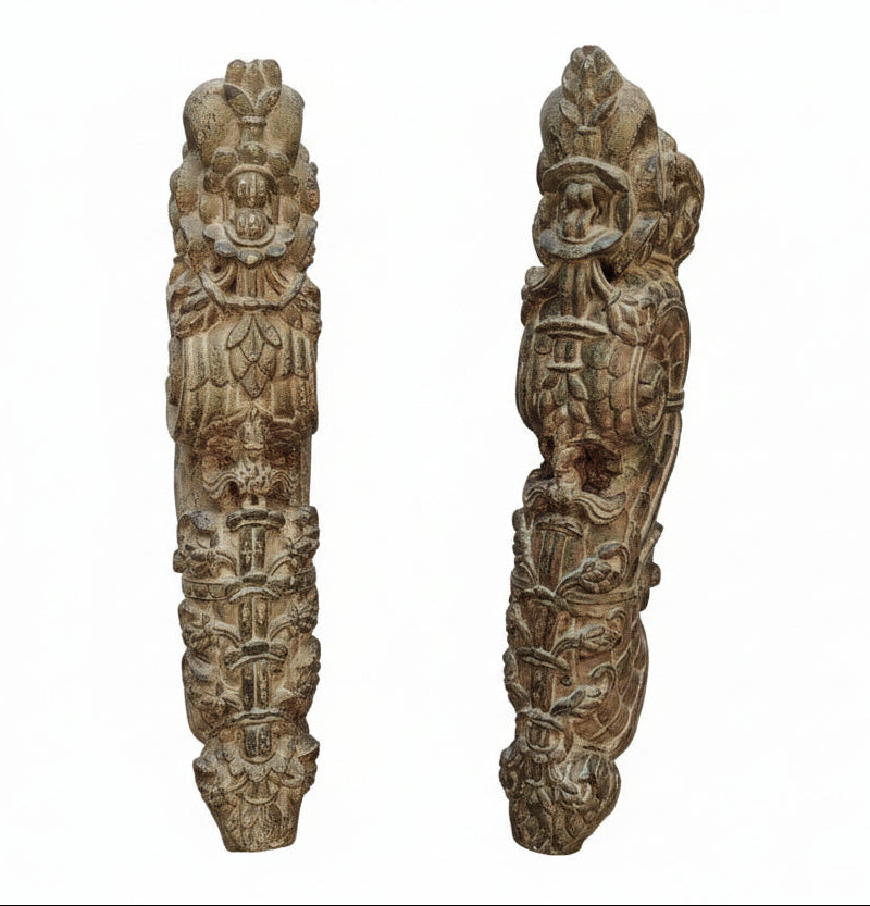Antique Hand-Carved Wood Brackets with Floral Motifs | Green Patina Finish | Pair