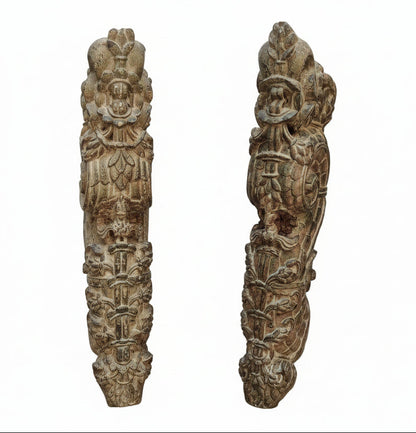Antique Hand-Carved Wood Brackets with Floral Motifs | Green Patina Finish | Pair