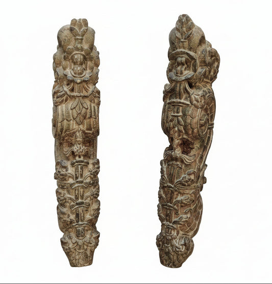Antique Hand-Carved Wood Brackets with Floral Motifs | Green Patina Finish | Pair