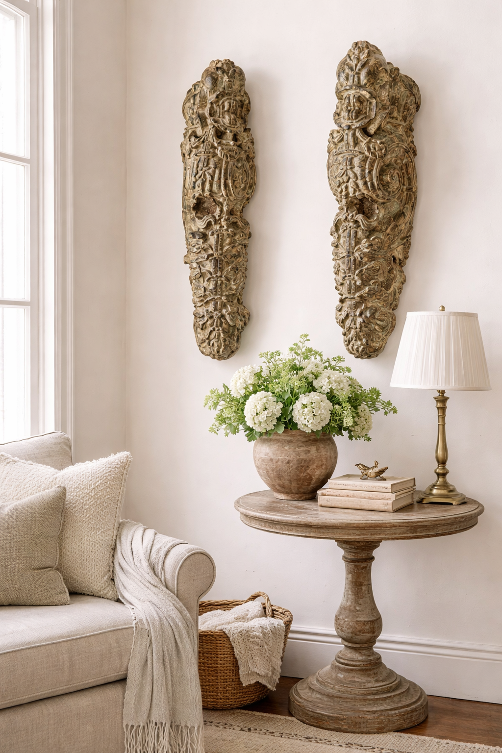 Antique Hand-Carved Wood Brackets with Floral Motifs | Green Patina Finish | Pair