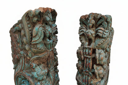 Antique Hand-Carved Wood Brackets with Peacock & Floral Motifs | Architectural Corbels | Pair