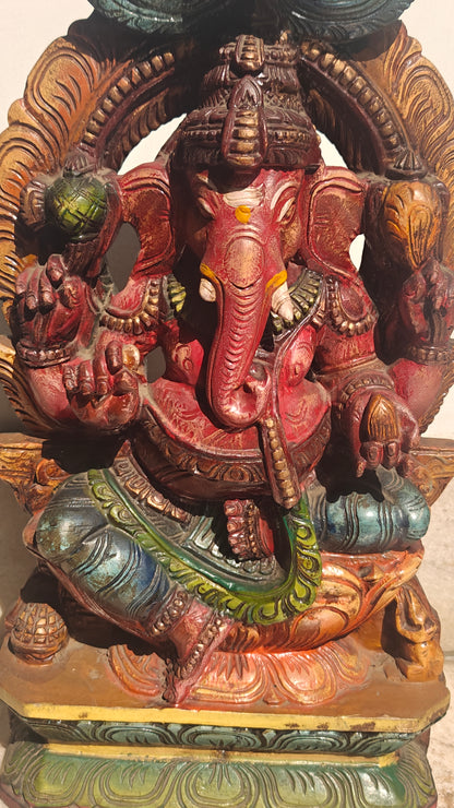 Handcrafted Wood Ganesha Statue | Hand-Painted Seated Idol | 18 inch
