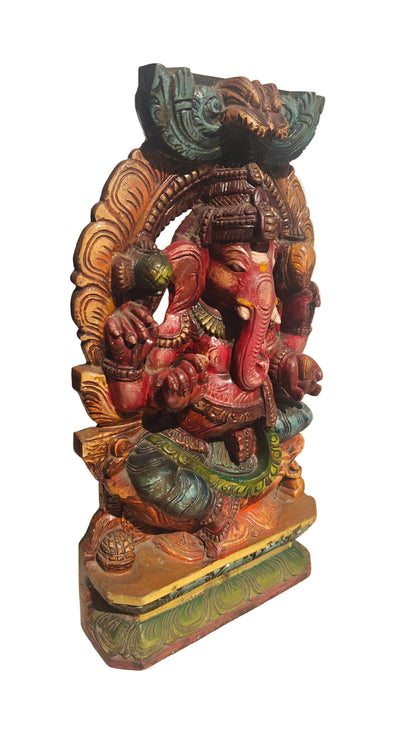 Handcrafted Wood Ganesha Statue | Hand-Painted Seated Idol | 18 inch